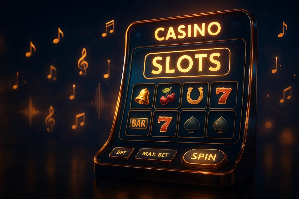 Online casino screen glowing in blue and gold tones with floating musical notes and sound waves.