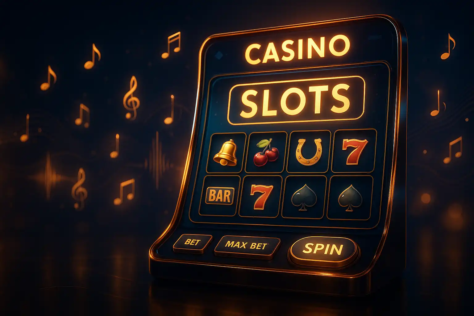 Online casino screen glowing in blue and gold tones with floating musical notes and sound waves.