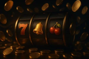 Close-up of slot reels with floating coins and visible sound waves under cinematic lighting.