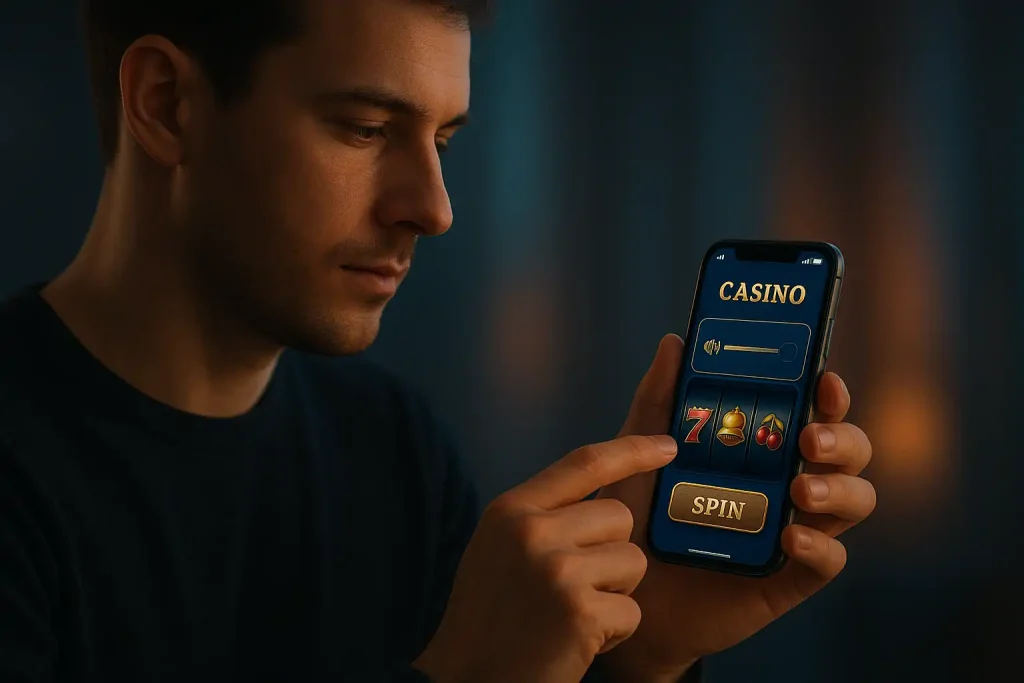 Player lowering sound on mobile casino app under calm blue-gold lighting.