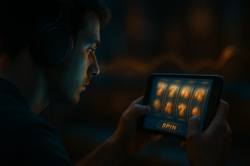 Player wearing headphones watching slot reels spin under blue-gold neon light.